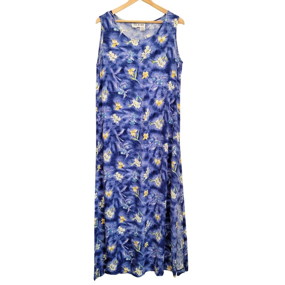 Coco Bianco Maxi Dress Women's 14 Blue Floral Sleeveless Tropical Flowy Beachy